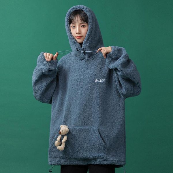 

women's hoodies & sweatshirts oversized cute fleece with doll bear for womens 2021 fashion trends thick plus size teenage girls streetw, Black