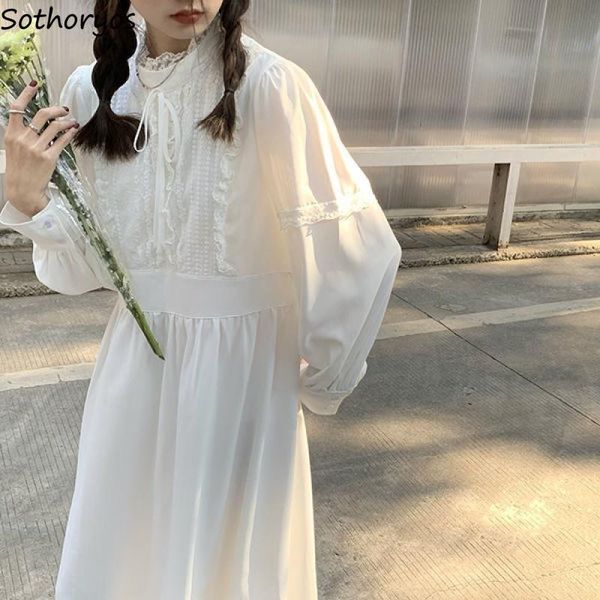 

casual dresses white long sleeve dress women lace solid loose waist lace-up bow sweet tender elegant students all-match autumn, Black;gray