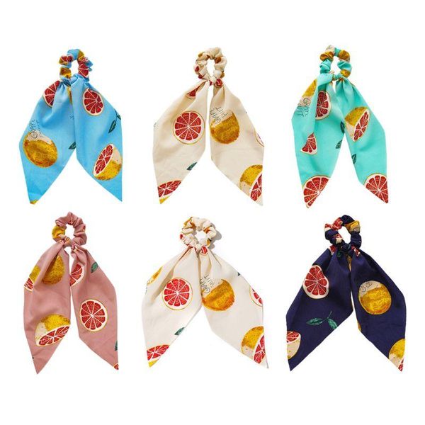 

cute grapefruit print scrunchies scarf bow ribbon streamer ponytail hair rope, Slivery;white