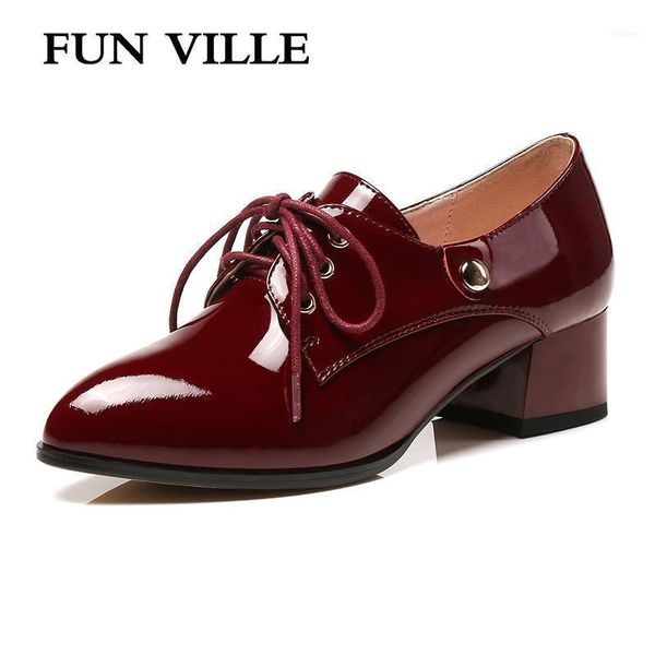 

dress shoes fun ville british style 2021 spring woman pumps patent leather work for women mature ladies lace up size 34-4311, Black
