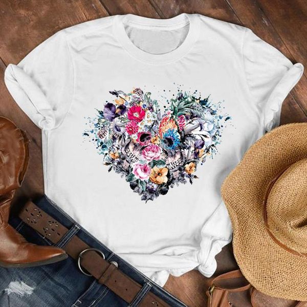 

floral plant heart horror cute womens t shirt 90s fashion clothes female print tee graphic, White