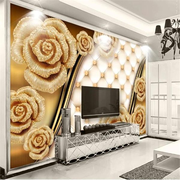 

wallpapers milofi large wallpaper mural european-style 3d luxury golden rose soft bag jewelry tv background wall paper