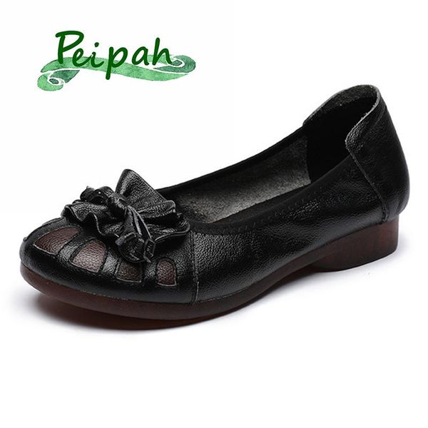 

dress shoes peipah ethnic genuine leather mothers' pumps retro with flower handmade for woman shallow solid slip on footwear 2021, Black