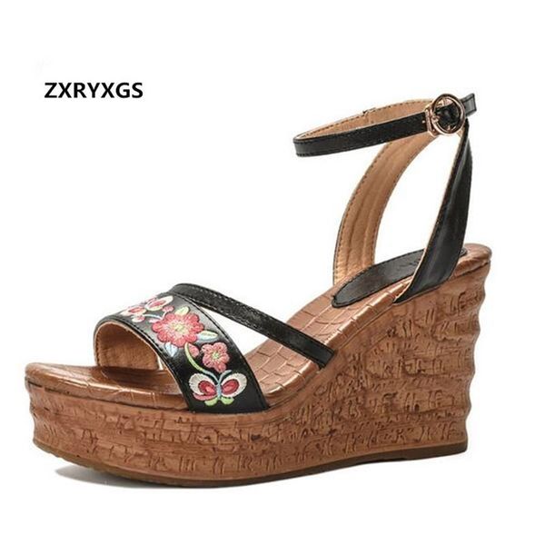 

dress shoes est elegant embroidered sheepskin leather sandals women summer wedges 2021 open woman fashion, Black
