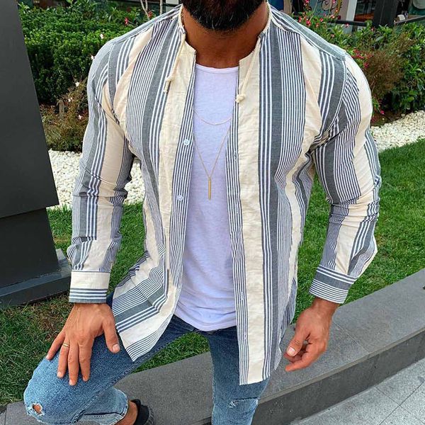 

2021 occasional men's prints shirts social stripes loose cordon button autumn long shirt cardigan masculine torno no neck 86bi, White;black