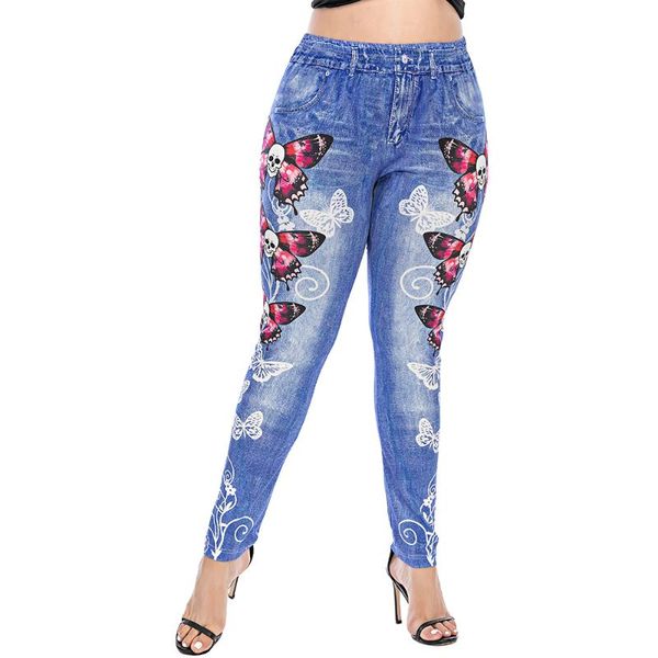 

women's leggings 6xl women fitness plus size leggins stretch legins skull butterfly print high waist pants imitation denim, Black