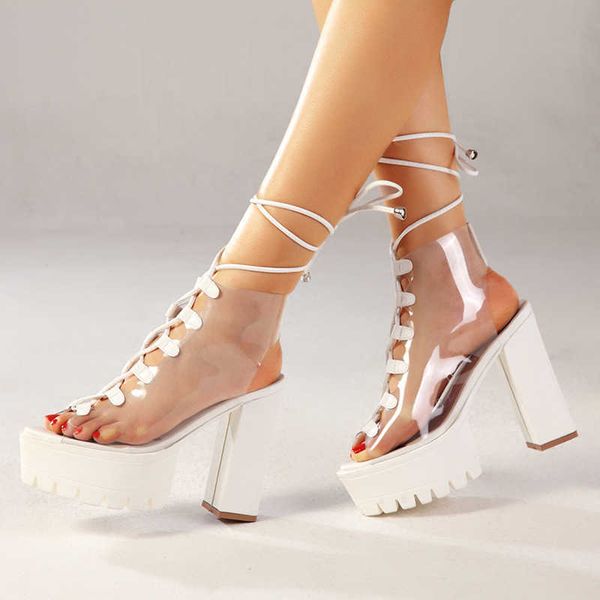 

large cool boots women's personality bandage fish mouth pvc candy color transparent thick heel, Black