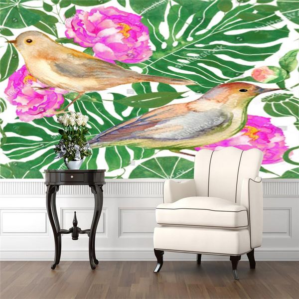 Tapeten Aquarell nahtlose grüne Blätter Tapete für Wohnzimmer Vogel Pfingstrose Muster TV Sofa Hintergrund Wand Papier Home Decor 3D Wandbild