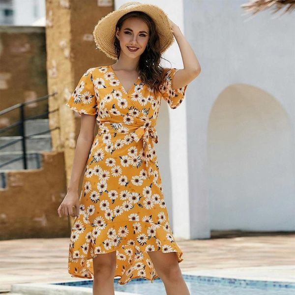

casual dresses boho dress women summer v-neck button short sleeve party beach high waist print vestidos robe femme, Black;gray