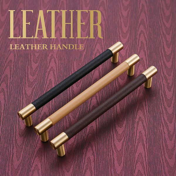 

leather+brass natural handles drawer cabinet knobs kitchen door handle cupboard wardrobe pull handles furniture fittings