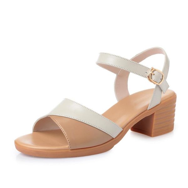 

sandals 2021 women real leather summer shoes designer metal buckles med heels casual lady footwear plus size 35-43, Black