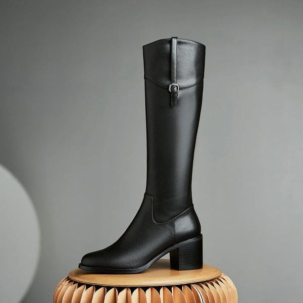 

sandals 2021 winter british style genuine leather knight boots thick heel rubber soles women, Black