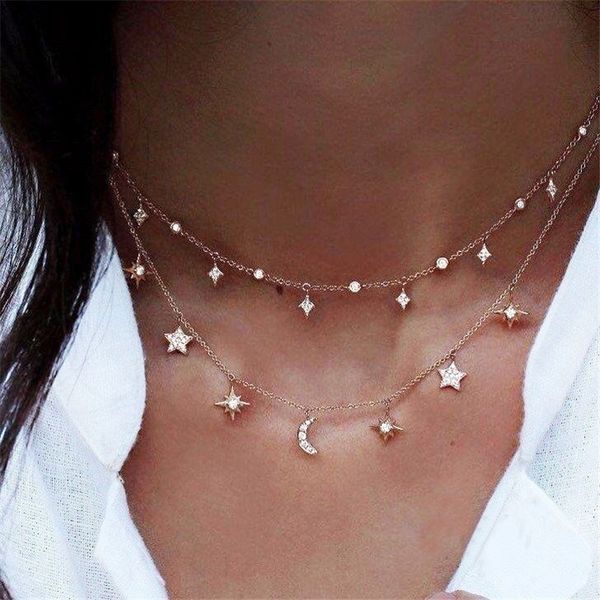 

women multilayer irregular crystal rhinestones star moon choker necklace for women accessories jewelry bohemian statement gift j0312, Golden;silver