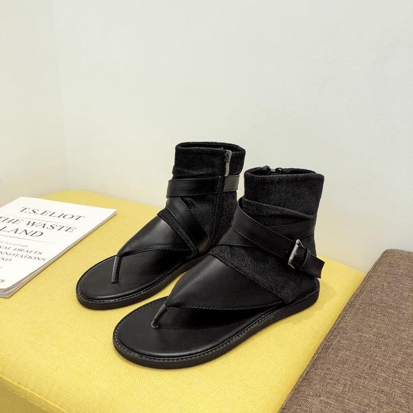 

2021 korean summer new sandals large size flat flip-toe cool boots high roman belt buckle personalized sandal ladies, Black
