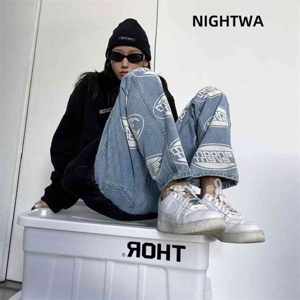 

nightwa summer vintage jeans woman long trousers cowboy female loose streetwear letter printing high street harajuku 210809, Blue