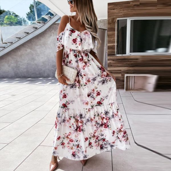 

fashion summer retro floral women dresses print off shoulder maxi beach boho spring v neck ruffle slit party, Black;gray