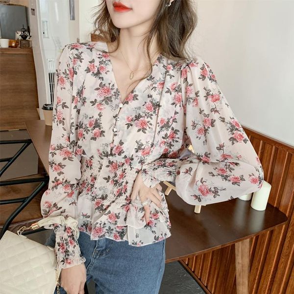 

women's blouses & shirts femme 2021 spring short floral chiffon shirt v-neck waist lantern sleeve fashion ladies printed blouse, White