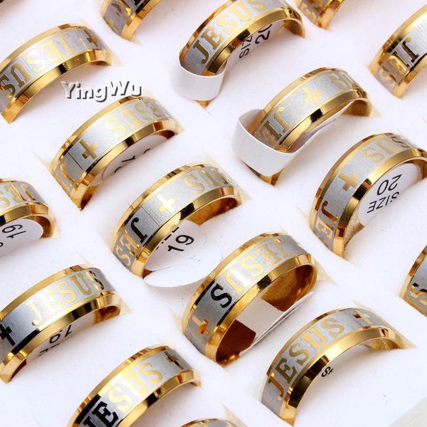 

wedding rings yingwu 5pcs/lot christmas gift jewelry gold stainless steel jesus cross engrave letter church prayer for men women, Slivery;golden