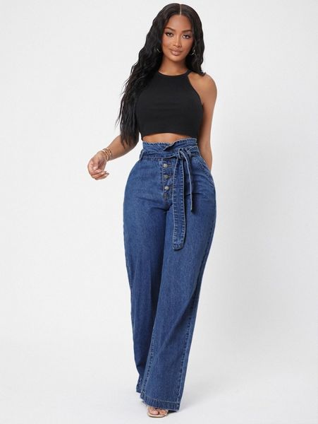 

sxy super high waist wide leg jeans u7r0#, Blue