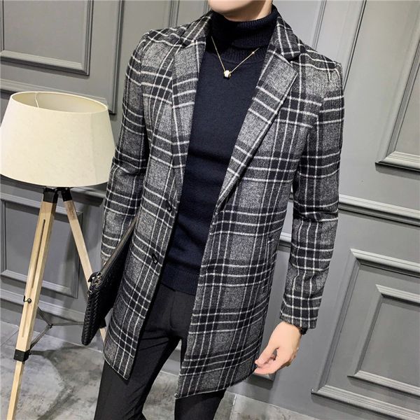 

autumn winter male windbreaker mid length woolen 2021 style classic leisure youth plaid single breasted coat bn16, Tan;black