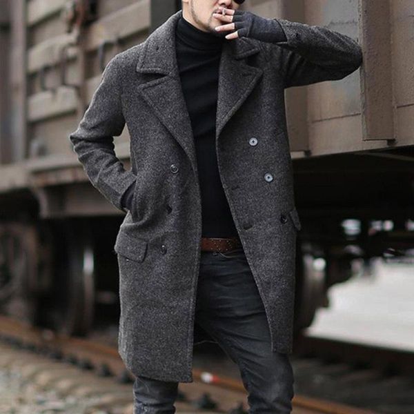 

men's wool & blends 2021 autumn and winter woolen coat thickened medium long windbreaker, Black
