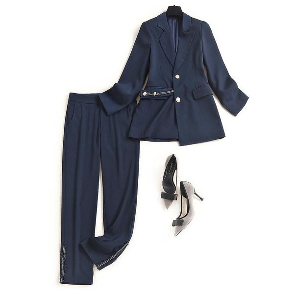 

women's two piece pants fashion set 2 women 2021 pre lapel suit pencil 15269 conjuntos feminino, White