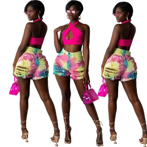 

women's shorts tmustobe streetwear tie dye denim casual high waist ripped jean female summer plus size fashion 2021, White;black