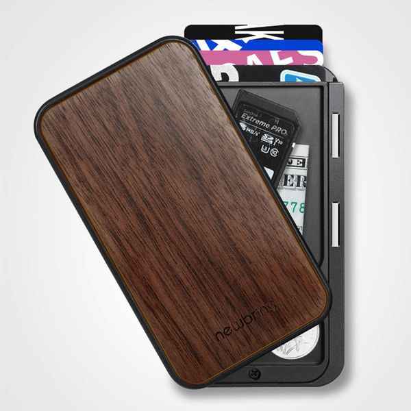 

card holder wooden shielding business male automatic retractable creative anti theft brush holder men, Brown;gray