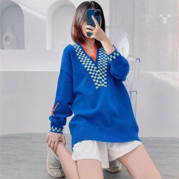 

women's sweaters tsxt high version l home blue v-neck long sleeve pullover loose outer wear knit design slimming age sweater, White;black