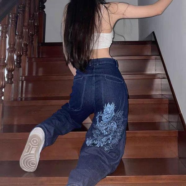 

women's jeans american y2k vintage streetwear dragon embroidery female 2021 loose wild trend wide leg plus size mom high waist, Blue