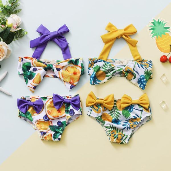 

one-pieces est arrival baby bathing suits kids pineapple print tie up halter bikini swimming bottoms with bowknot summer beachwear, Black