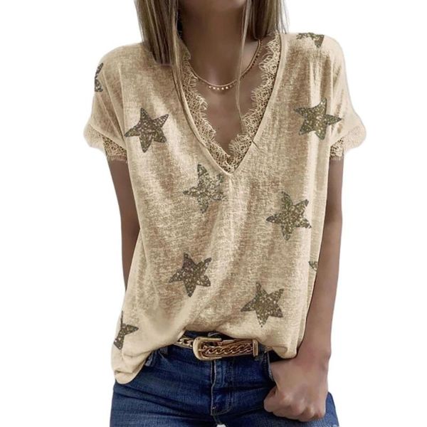 

women's t-shirt 2021 summer selling good quality fashion five-pointed star print lace v-neck short-sleeved top, White