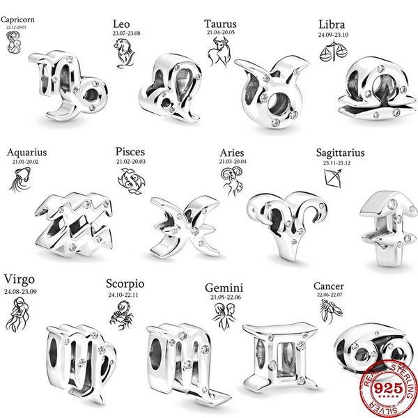 Genuine 925 Sterling Silver 12 Constellation Zodiac DIY Beads Fit Pandora Bracelet Charms Jewelry Women Fashion Gift