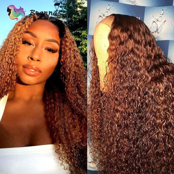 

lace wigs ombre color 1b30 curly wig human hair 4x4 closure brown 13x1 t part brazilian remy for women, Black;brown