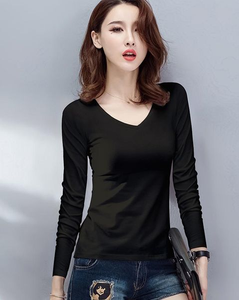 

women's t-shirt autumn winter long-sleeved female 2021 korean version of the wild slim slimming black a139, White