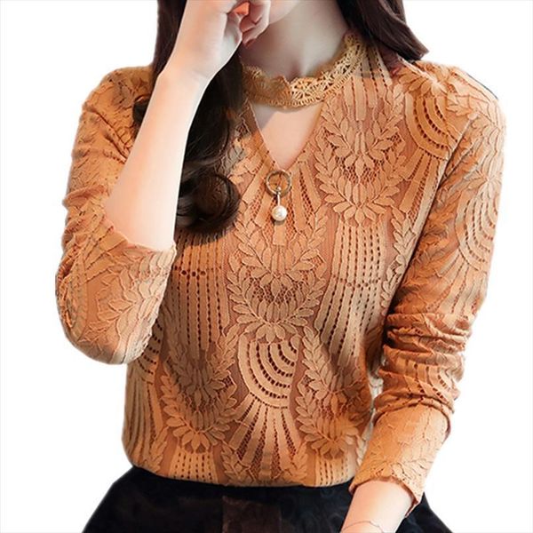 

autumn lace long sleeve women shirts fashion and crochet casual female clothing plus size femminine, White