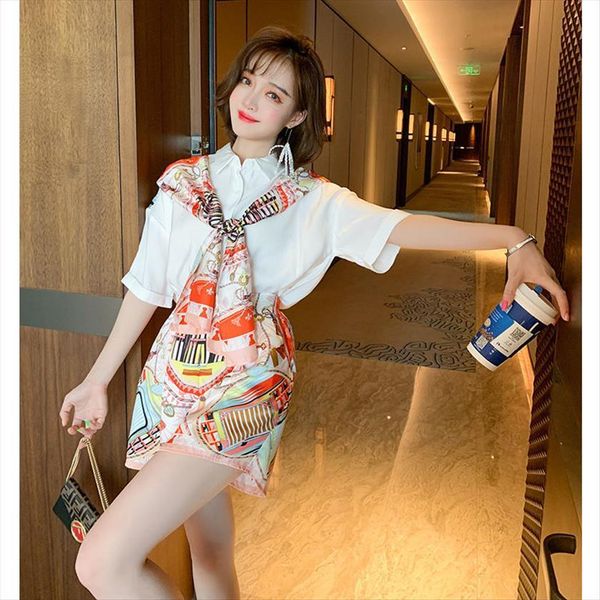 

summer fashion print scarf women tracksuits bow shirt wide leg short set 2 piece outfits female vintage loose blouses, Gray