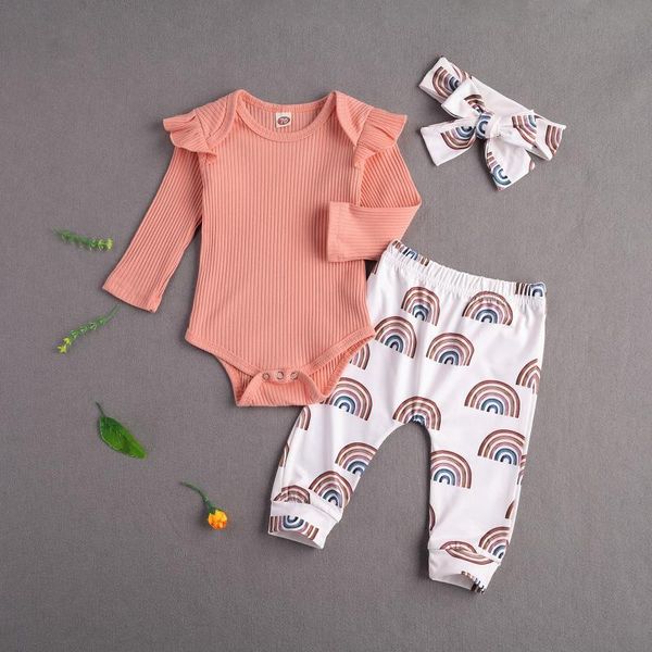 

clothing sets ribbed rainbow print 3pcs born baby girls outfit set long sleeve romper pants headband clothes, White