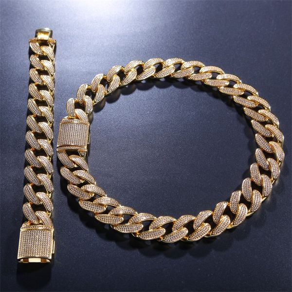 

12mm miami cuban link chain necklace bracelets set for mens bling hip hop iced out diamond gold silver rapper chains women jewelry 507 q2