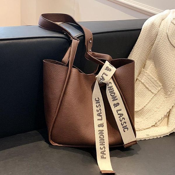 

evening bags vintage soft leather handbags women large capacity travel tote bag fashion bucket with ribbons brand designer shoulder