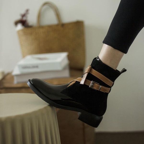 

boots winter women 2021 ankle round toe side zipper square heel buckle first layer of cow patent leather kid suede, Black