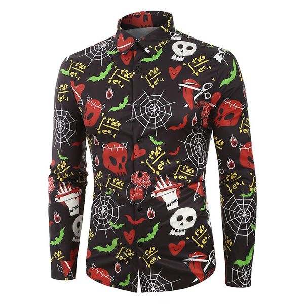 

halloween men's skull cartoon print long-sleeved shirt, White;black