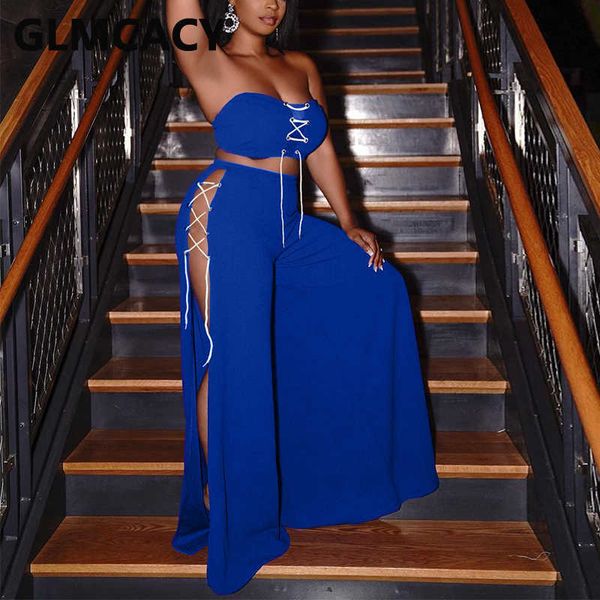 

two piece chic summer suits lace up tube & side slit loose pants set 210702, White