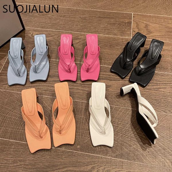 

suojialun brand women slipper square high heel elegant slip on slide ladies summer outdoor beach flip flop dress sandal shoe 210630, Black