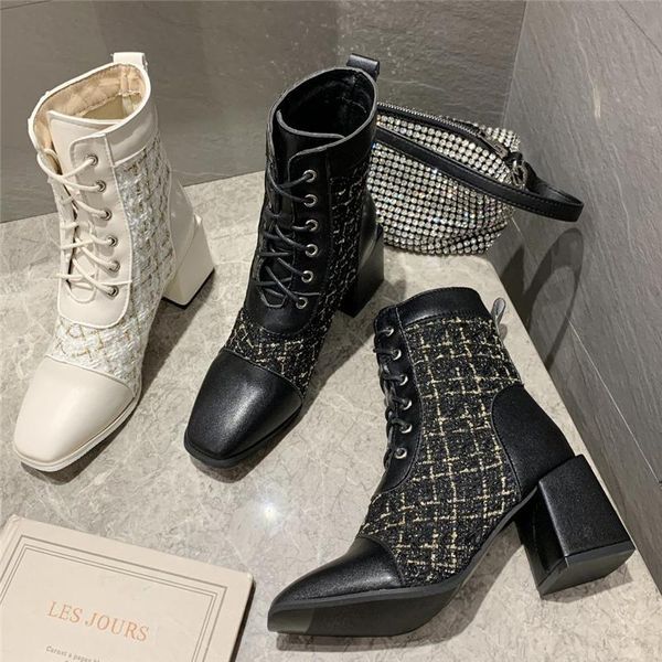 

boots ins women fetish ankle female luxury design elegant square toe booties lady block low 7cm high heels winter shoes, Black