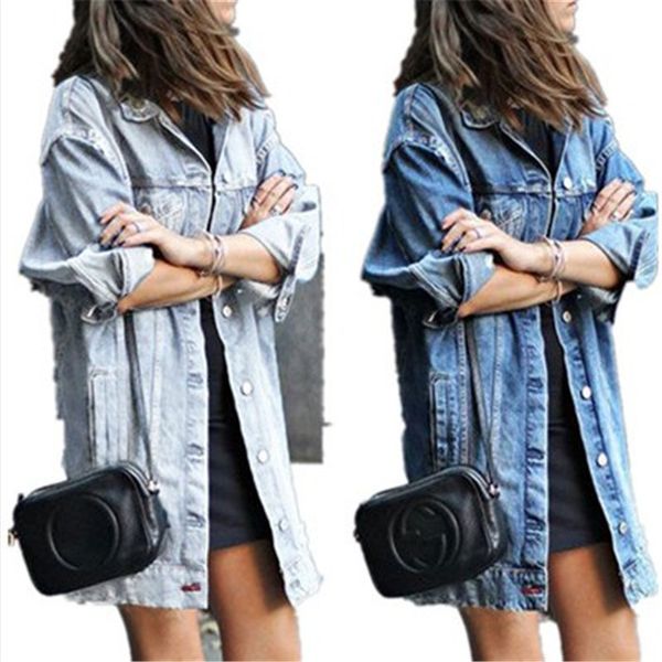 

womens jackets casual blue jean jacket spring autumn women popular mid length dark hole wash trench oversized coat, Black;brown