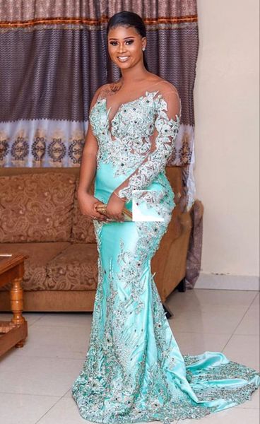 

2021 plus size arabic aso ebi luxurious lace beaded prom dresses sheer neck mermaid evening formal party second reception bridesmaid gowns d, Black