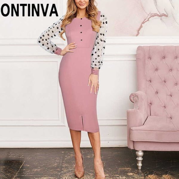 Mulheres bodycon vestidos rosa malha bolinhas mangas compridas midi escritório senhora night clube festa de aniversário vestido de moda verão xxl 210527