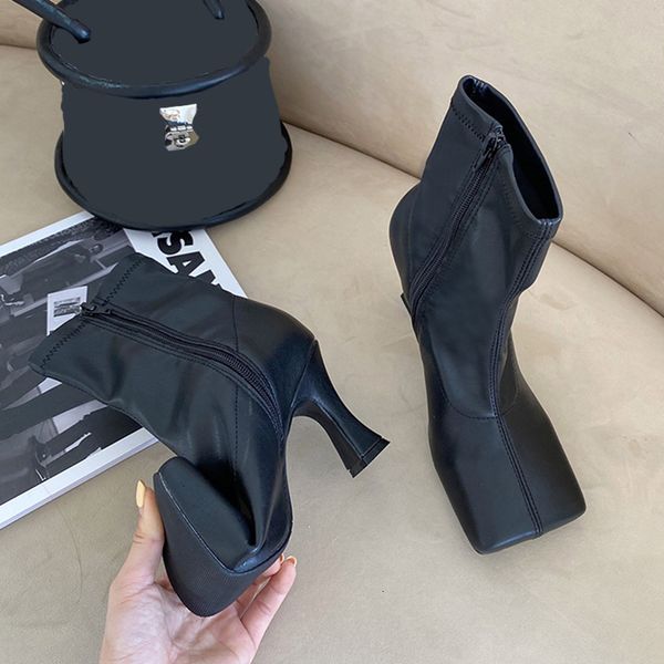 

2021 soft pu leather ankle for women thin high heels square toe shoes woman autumn new elegant short boots wd5l, Black
