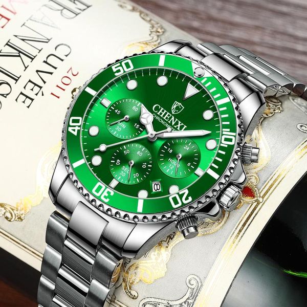 

wristwatches men's wrist watch sport waterproof glowing green water ghost quartz calendar satch multi-function steel clock, Slivery;brown